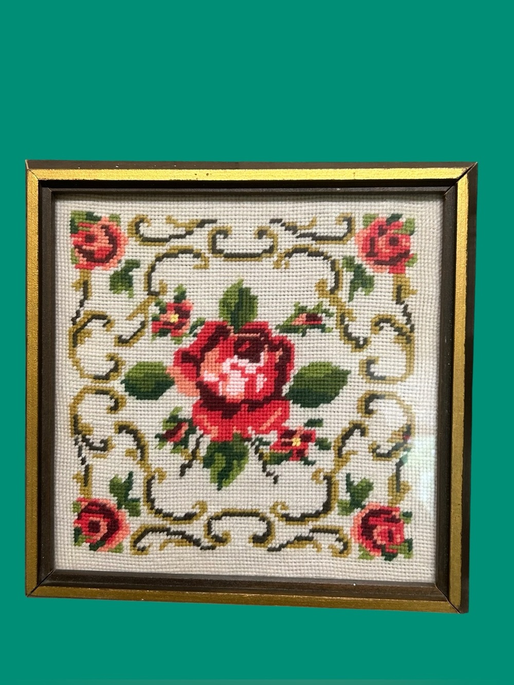 Vintage Petit Point Scrolling Roses Picture